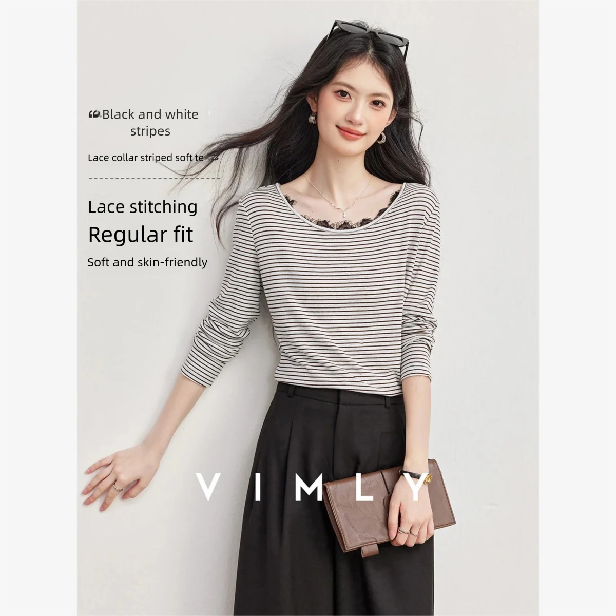 VIMLY Vintage Black White Striped T-shirt Women's 2026 Autumn Lace Spliced Long Sleeve Tees Commuter Elegant Tops Female A7255