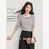 VIMLY Vintage Black White Striped T-shirt Women's 2026 Autumn Lace Spliced Long Sleeve Tees Commuter Elegant Tops Female A7255