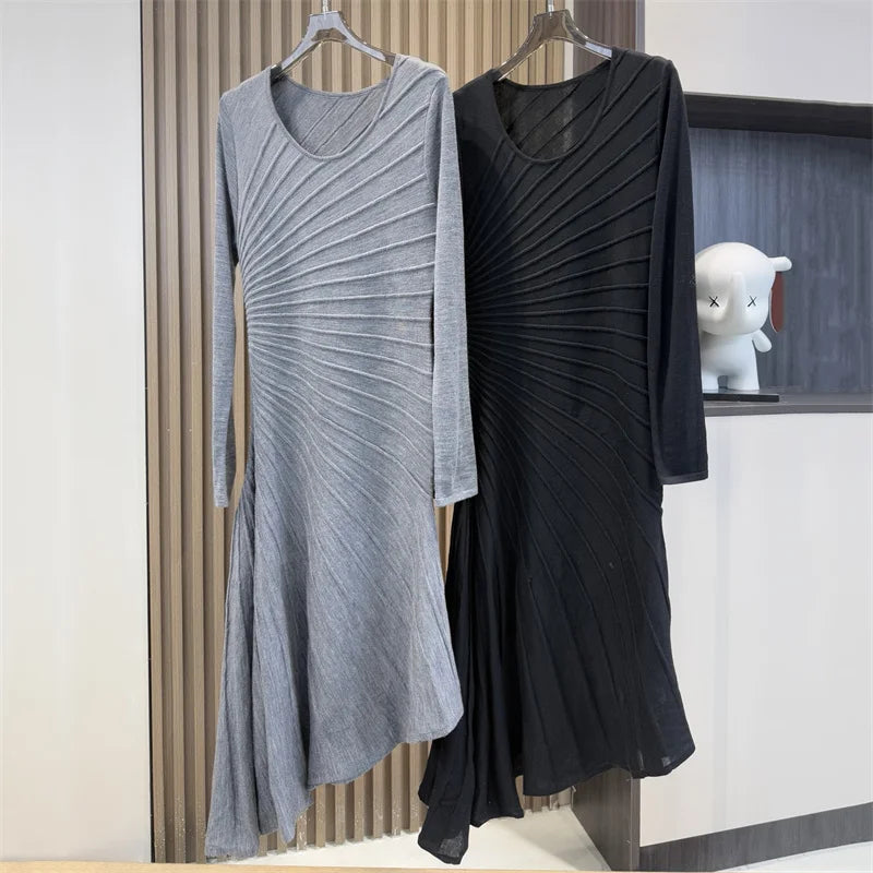 women's dress New elastic slim fit round neck long dress for autumn 2026 asymmetrical knitted casual dress 100% wool party dress