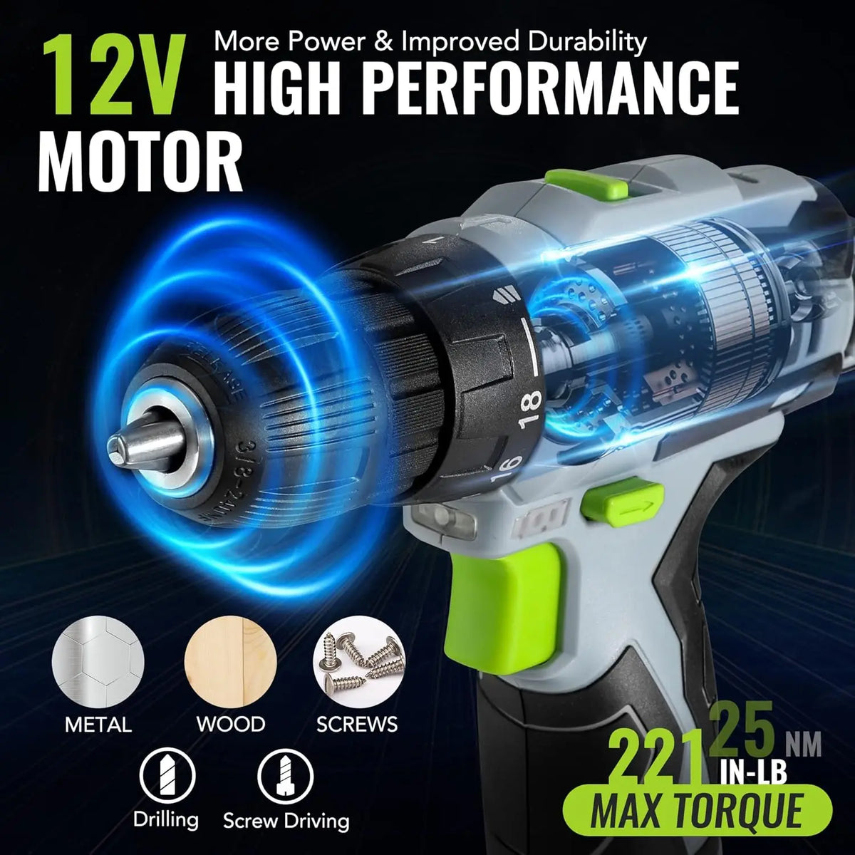 108PCS Cordless Drill Tool Kit with 12V Battery, Keyless Chuck, Variable Speed for Home DIY Projects