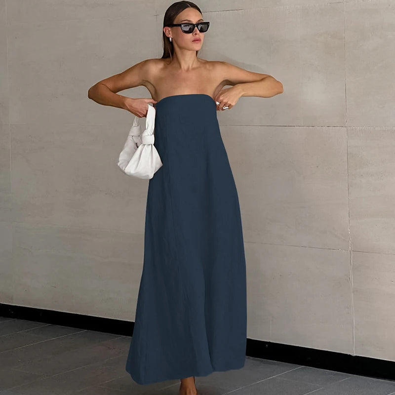 French-Style Women's Cotton-Linen Strapless Dress Chic New Solid Color Off-Shoulder Backless Sexy Casual Summer Dresses Vestido