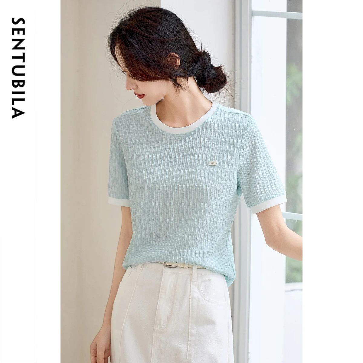 SENTUBILA Women's Short Sleeve Tee 2026 New Collection Pleated Casual Style Tops Summer Knitwear T-shirt Woman Clothes Q52TN1656
