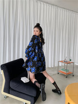 CHEERART Organza Jacquard Royal Blue Puff Sleeve Floral Fairy Dress For Women Long Sleeve Square Neck Tulle Dress Autumn Clothes
