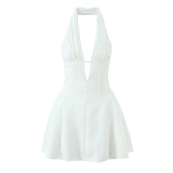 Sexy White Black Pleated Ruched Halter Dress Women Deep V Neck Slim Low Waist Swing Ball Gown Short Dresses Robe Femme Vestidos