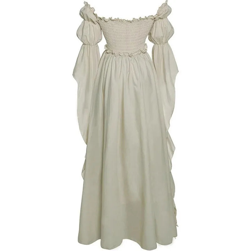 Women's Renaissance Gothic Court Off Shoulder Maxi Dress Vintage Ruffle Hem Medieval Victorian Stage Performance Costume Gown