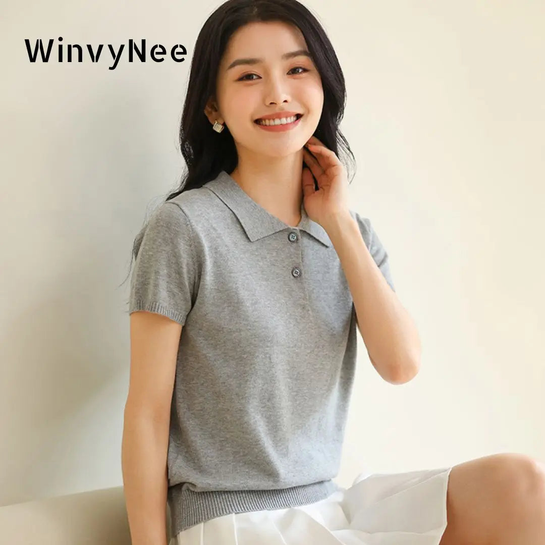 WinvyNee Summer Women's Clothing Cotton T-shirt Short Half Sleeve Polo Collar Clothes Solid Casual Pullover Female Top A1522006