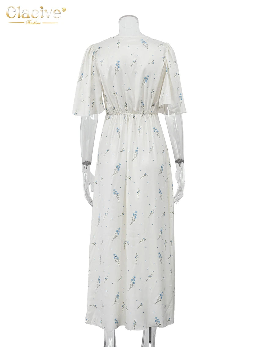 Clacive Summer Loose Print Women's Dress 2026 Sexy V-Neck Short Sleeve Ankle Length Dresses Elegant Classic Female Dress Streetw