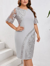 GIBSIE Plus Size Embroidered Lace Half Sleeve O-Neck Dress Women's Summer Autumn Cocktail Party Elegant Bodycon Midi Dresses
