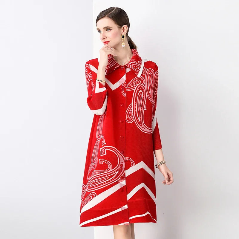 Miyake Pleated Dress Summer Fashion Loose Fit Long Sleeve Elegant Mid-Length Ideal for Covering Up and Relaxing Wear 2024