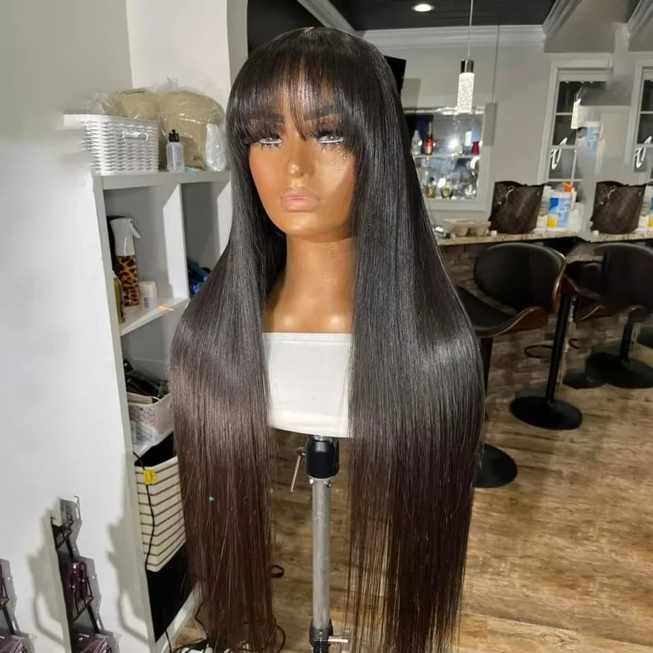 30 32 Inch Glueless Wig Bone Straight Human Hair With Bangs 250 Density 3x1 Lace Middle Part Wigs For Women