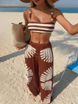 women striped beaded strap bikini set sexy split swimwear with beach wide leg pants three piece suit for summer vacation beach p