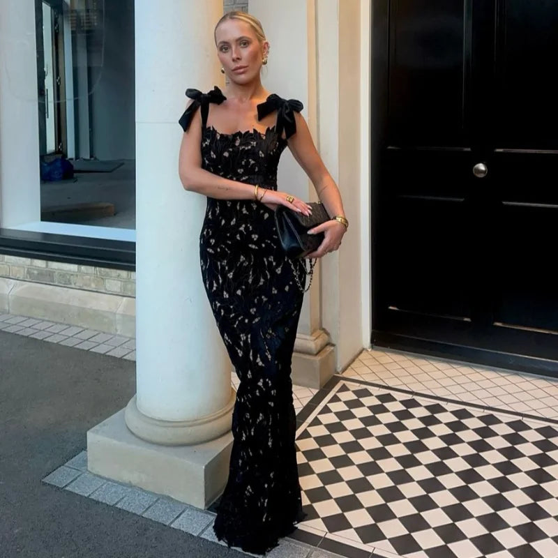 Elegant Long Party Dress Women Sexy Slim Hip Package Bow Sling Female Christmas Evening Dresses 2025 Fashion Club Maxi Lady Robe