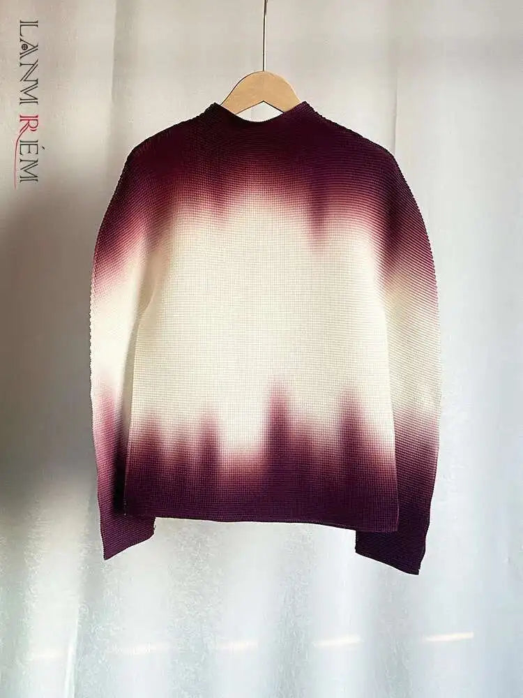 LANMREM Gradient Long Sleeves Women's Turtleneck Slim T Shirt Pleated Casual Female Fashion Clothes 2025 Spring New 2DC1065