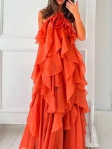 TWOTWINSTYLE Solid Spliced Ruffles Elegant Dresses For Women Halter Sleeveless High Wasit Backless Loose Dress Female Fashion