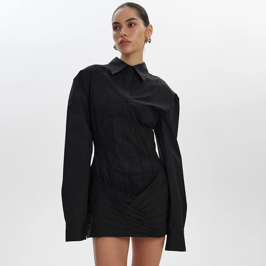 Linad Office Lapel Across White Mini Shirt Dress Elegant High Waist Pleated Short Dresses Black Casual Long Sleeve Dress 2025