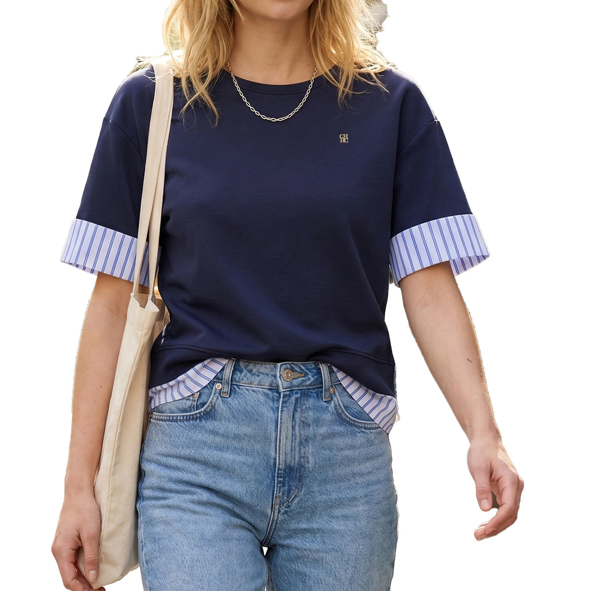 CH Metal Logo Short Sleeve T Shirt Women Stripe Patchwork Fake Two Piece Drop Shoulder Loose Fit Casual Daily Tops