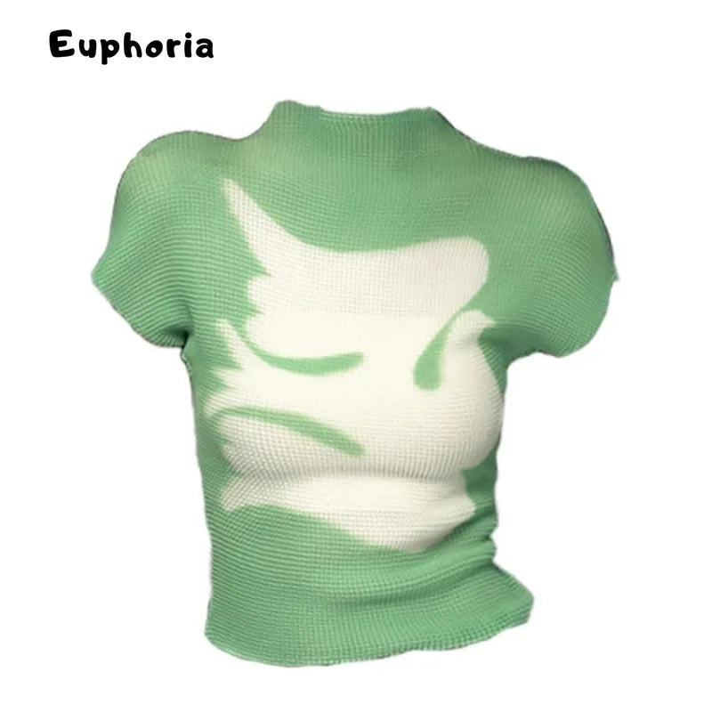 Euphoria Y2K Sweet Patchwork Green Short Sleeve Folds T-Shirts For Women Casual Slim Fit Fashion Knitted Tees Shoujo Tops