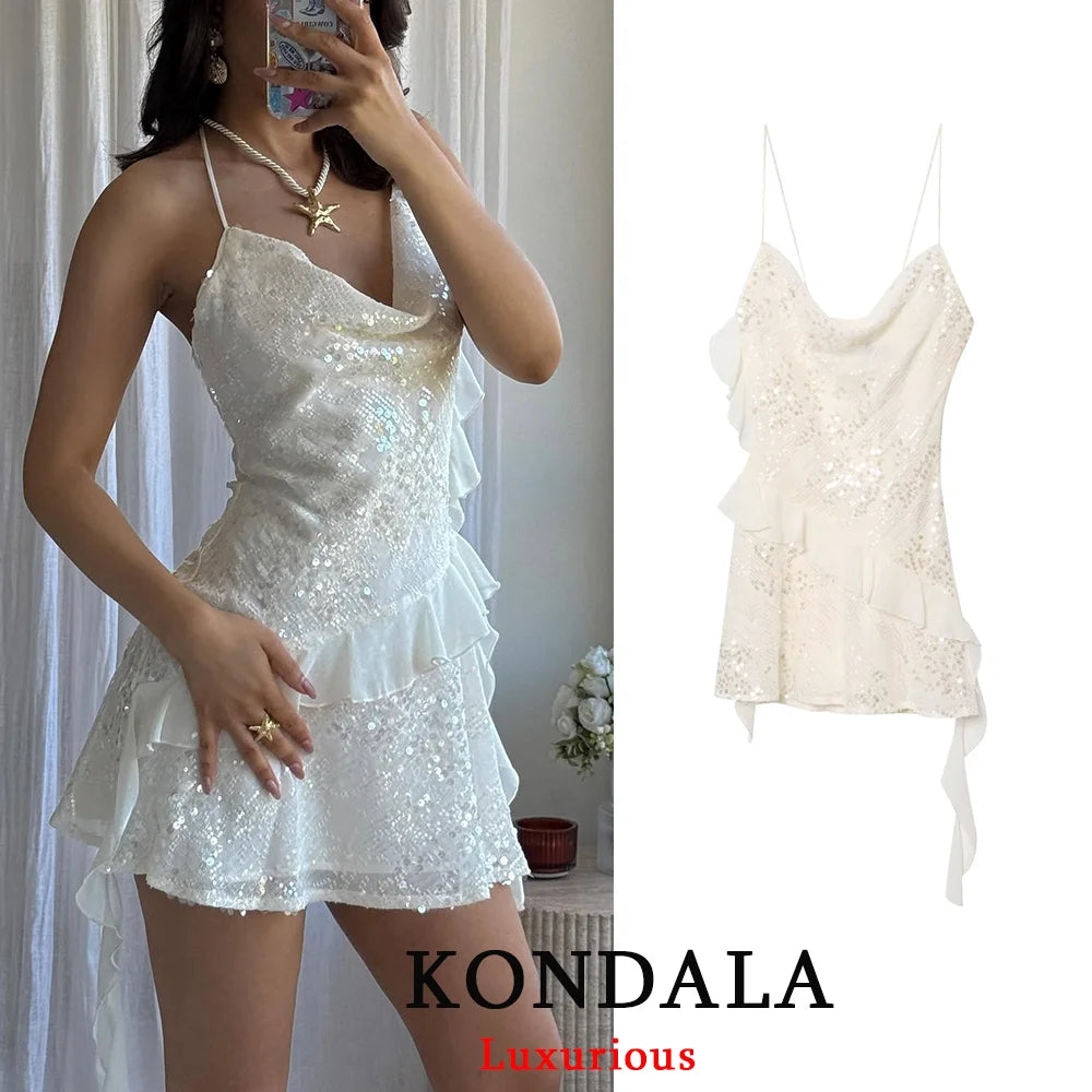 KONDALA Sexy Chic Women Dress Solid Cami Backless Sequined Tierred Mini Short Dress Fashion 2025 Fall Evening Club Party Dress