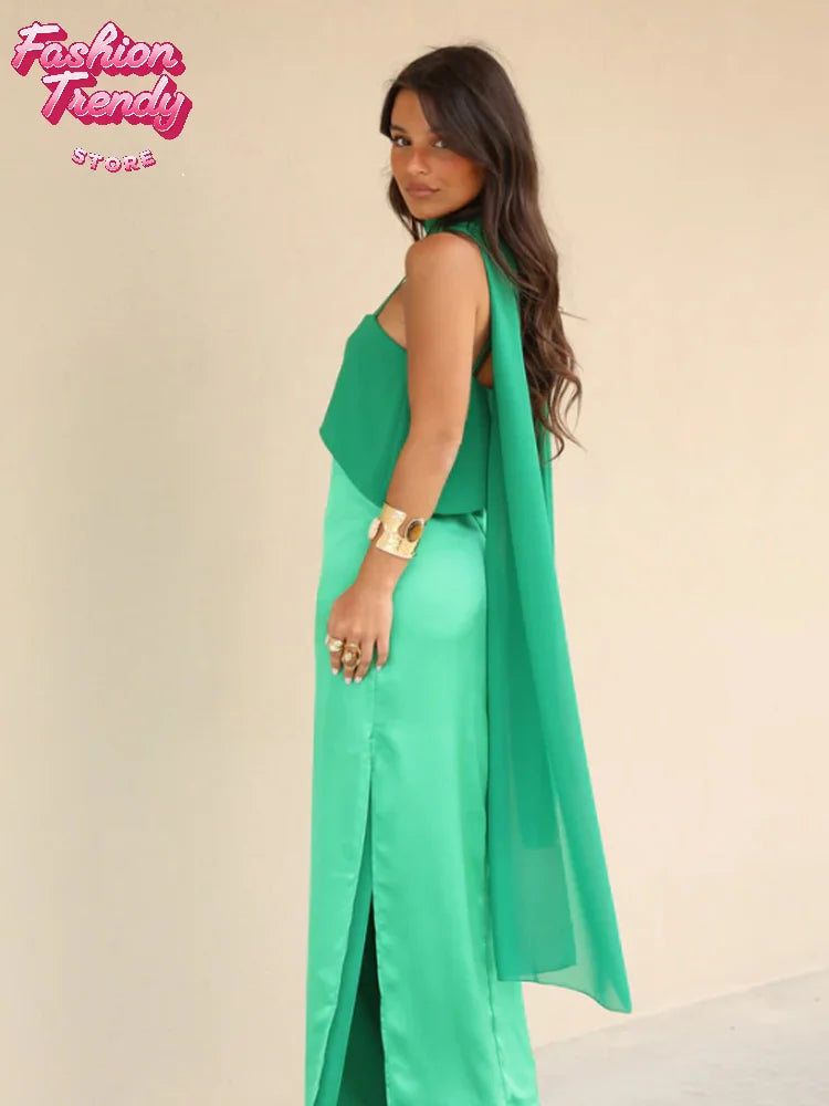 Spaghetti Strap Cape Neck Two Tone Maxi Dress Spaghetti Strap Slimming Sundress 2026 Summer Holiday Chic Ladies Party Vestidos