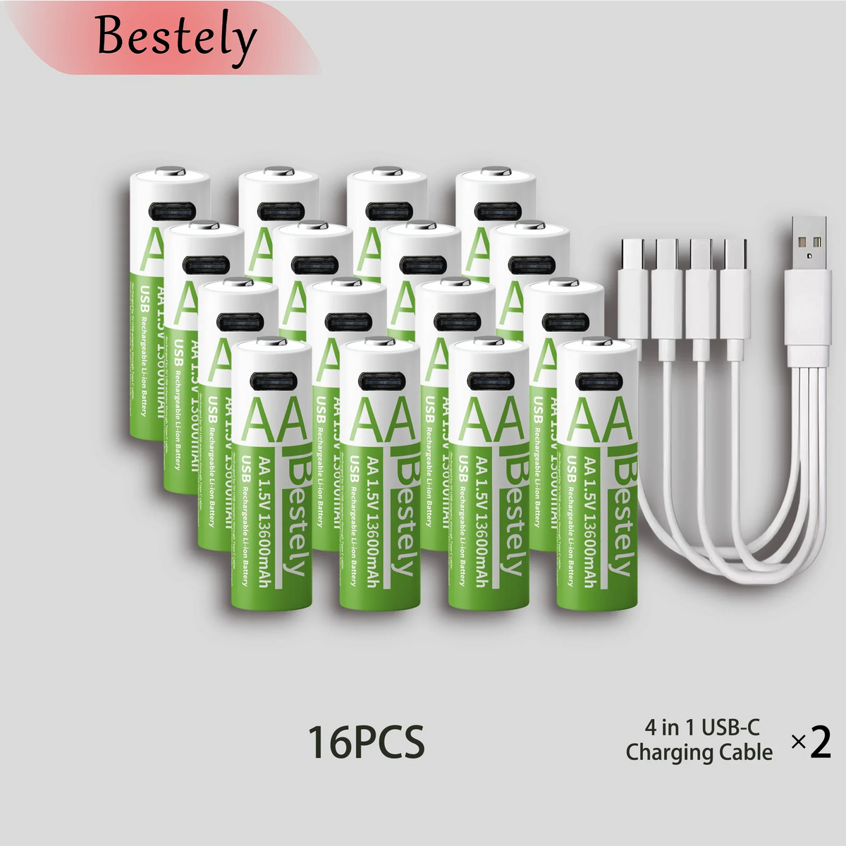 Bestely AA Rechargeable Lithium Battery 1.5V 13600mAh Fast Charging Long Lasting Li-ion Batteries 2000 Cycle with USB- C Cables