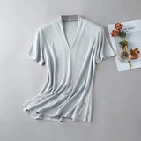 Summer Mulberry Silk Seamless T-shirt Women Double Layered V-neck Short Sleeve Soft Tops