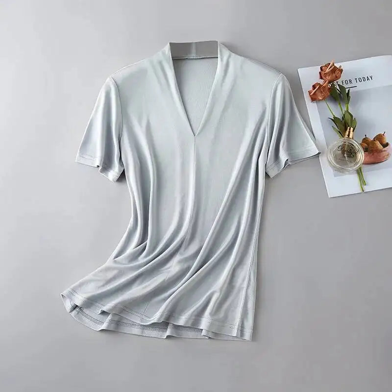 Summer Mulberry Silk Seamless T-shirt Women Double Layered V-neck Short Sleeve Soft Tops