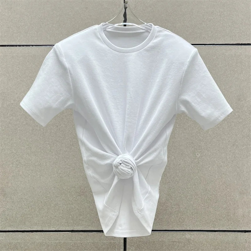 Women's t-shirt 2025 summer New elastic knitted short sleeved top 3D flower decorated round neck pullover pure cotton crop top