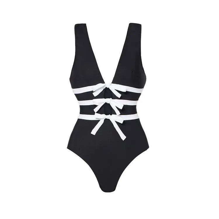 Flaxmaker Bowknot Decor Black One Piece Swimsuit and Skirt 2026 Summer Women Sexy V Neck Swimwear Beachwear Biquini conjunto de