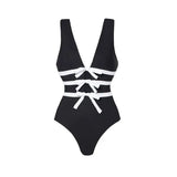 Flaxmaker Bowknot Decor Black One Piece Swimsuit and Skirt 2026 Summer Women Sexy V Neck Swimwear Beachwear Biquini conjunto de