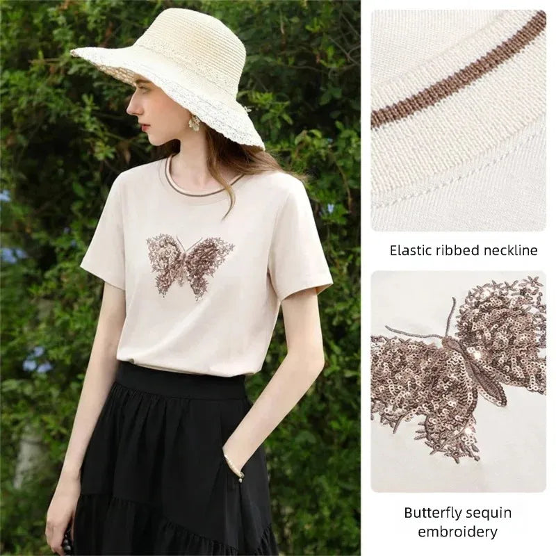 I BELIEVE YOU Elegant Short Sleeves Round Neck T-Shirt For Women 2026 Summer New Bead Butterfly Casual Top For Women 2261016301