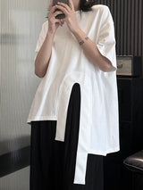 EAM Women White Hem Irregular Spliced Big Size Casual T-shirt New Round Neck Short Sleeve Fashion Autumn 2026 1DH5508