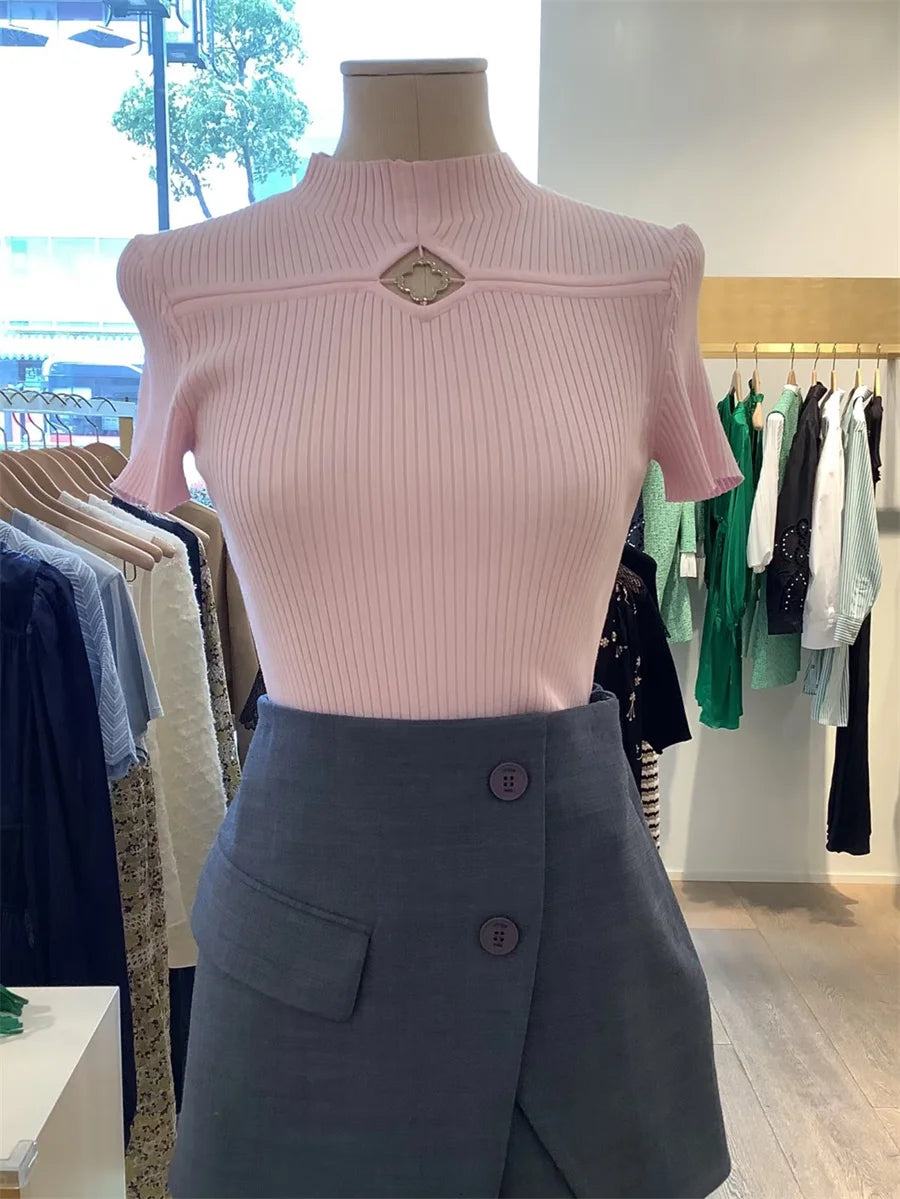 Pink Women Hollow Out Slim Simple Knitted Tee O-Neck Short Sleeve Tops Summer