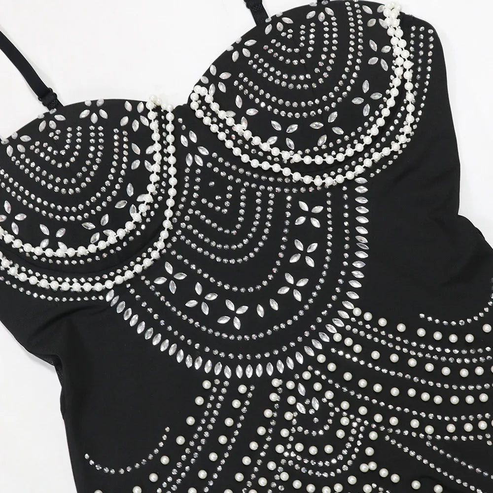 HBLL Women's Pearl Beading Rhinestone Sequin Dress Sexy Party Club Night Formal Evening Dress Hot Drilling Birthday Outfits