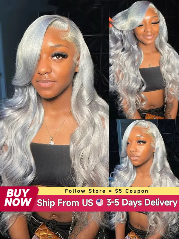 13x6 Silver Grey Colored Lace Front Wigs For Women Gray Long Body Wave Remy Transparent Lace Frontal Human Hair Wig Pre Plucked