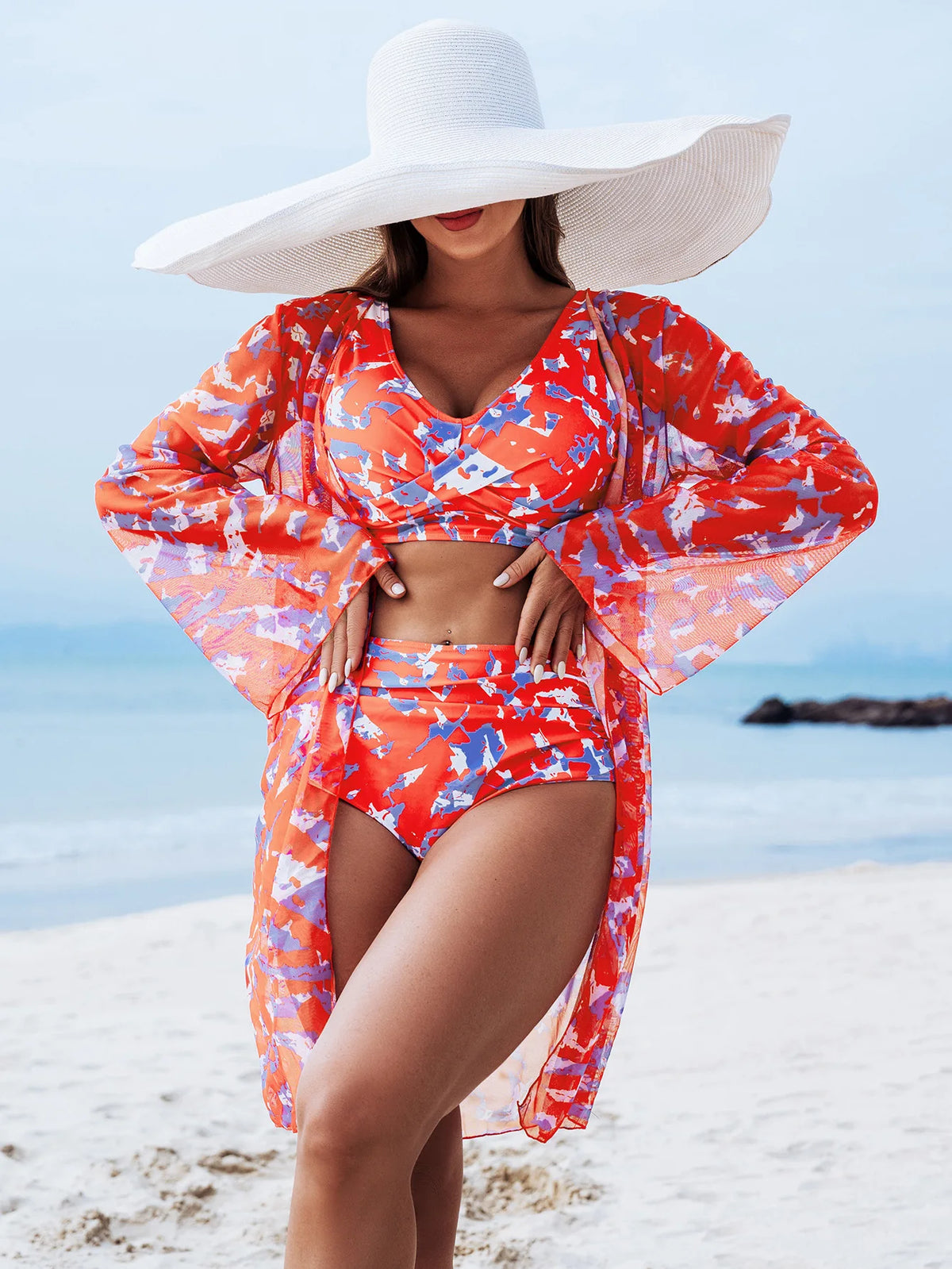 Women 3 Piece Bikini Set High Waist Swimsuit with Cover Up Push Up Padded Printing Swimwear Quick Dry Stretchy Bathing Suit