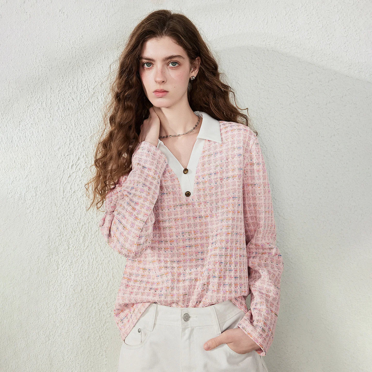 TOYOUTH Women T‑Shirts 2026 Autumn New Textured Knit V‑Neck Simple Light Pink Elegant Long Sleeve Tops