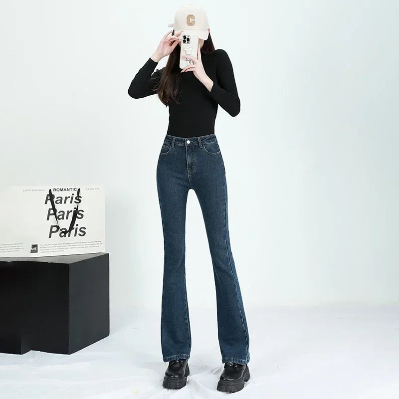 2024 Winter Fleece Women's Flare Pants Retro Slim High Waist Elastic Cotton Thick Warm Denim Pants Fashion Korean Female Clothes