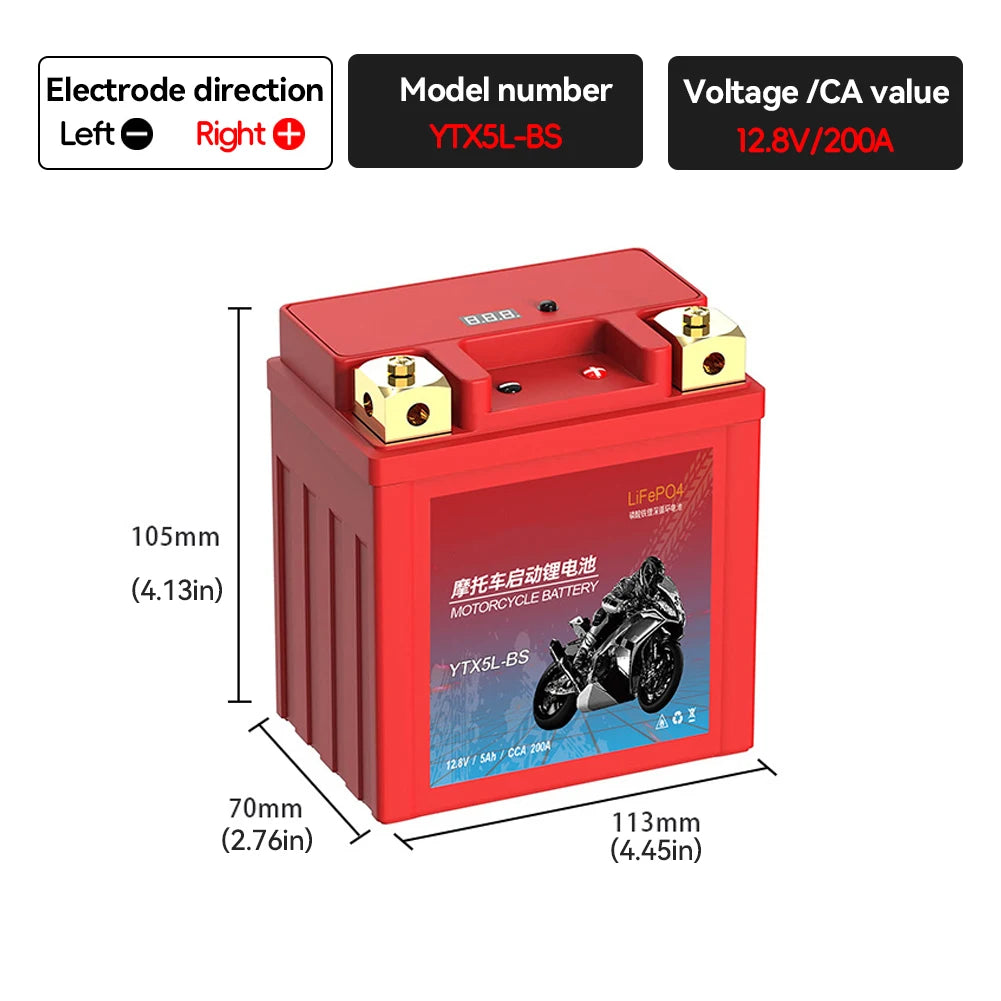 Motorcycle Battery LiFePO4 Scooter Starter 12.8V 5Ah 7Ah 9Ah CCA 200A-400A Built in BMS Lithium Battery Voltage Protection ATV