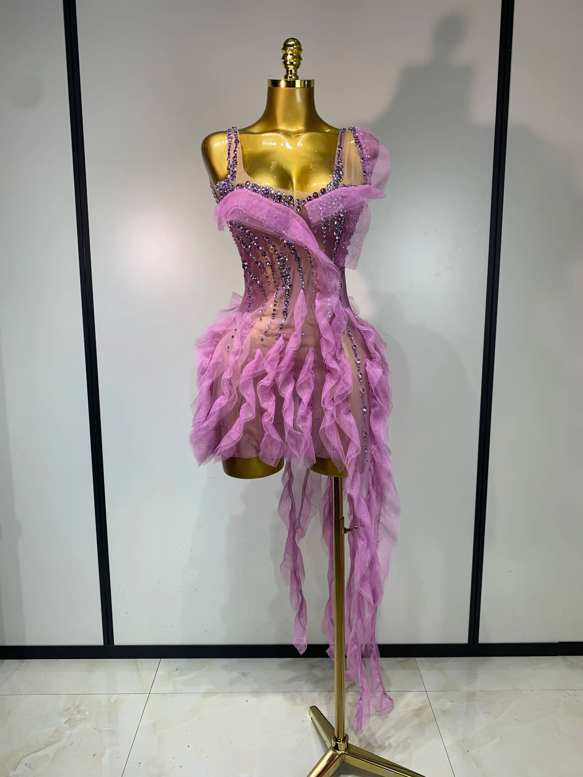 Women Sexy Mesh Ruffle See Through Mini Dress Sparkly Rhinestone Evening Party Prom Gown Nightclub Singer Stage Costume