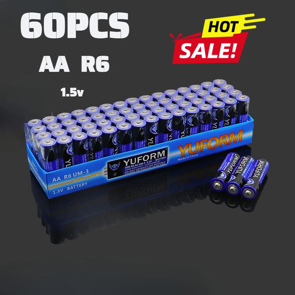 60PCS NEW 1.5V AA Disposable Carbon Battery for Led Light Toy Mp3 Camera Flash Razor CD Player Wireless Mouse Keyboard
