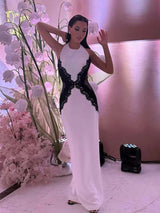 Elegant Lace Patchwork Luxury Party Dresses For Women Hollow Out Backless Slim High Split Maxi Dress Lady Holiday Evening Gowns