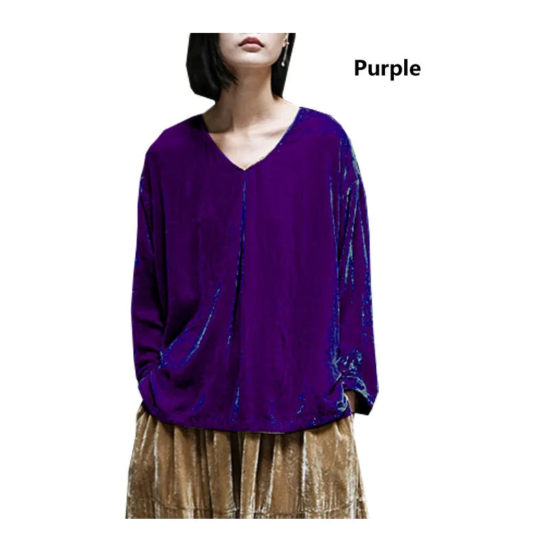 Original Design Spring Autumn Women's Mulberry Silk Velvet V-neck Pullover Loose Large Size Pleated Shirt Smooth Glossy Clothes