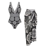 Flaxmaker Women Swimsuit Set(s) Summer Sexy V Neck Black Retro Printed Swimsuit And Skirt Femme Beachwear Biquini conjunto de