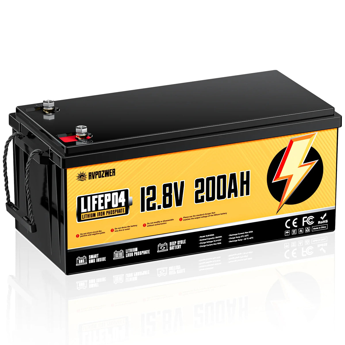 RVPOZWER LiFePO4 Lithium Iron Phosphate Energy Storage Battery, Built-in 200A Smart BMS Protection, 15000+ Deep Cycle Lifespan, Low Self-Discharge Rechargeable Battery for Marine, RV, Off-Grid Solar Applications, 12V 200Ah 2560Wh