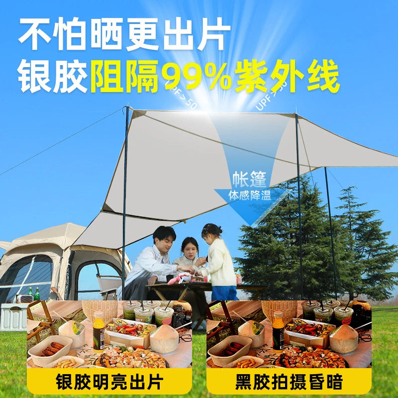 5-8 Persons Automatic Pop Up Camping Tent with Foldable Titanium Silver Cross Hexagonal UV Protection Panoramic Integrated Canop