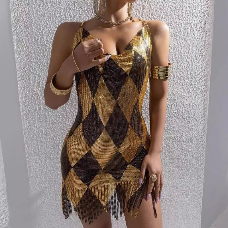 Dress for Women Shiny Geometric Pattern Metallic Sequins Sexy Backless Halter Neck Tassel Mini Dress Rave Party Club Dresses