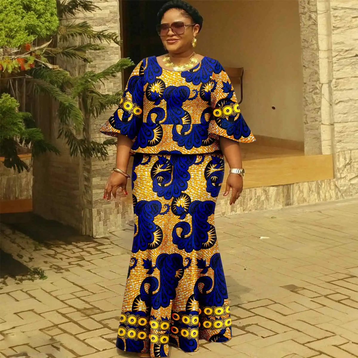 Afripride African Dresses for Woman Customized Loose Gold Ankara Printed Two Piece Flared Sleeve Fishtail Hem Dress 2425046