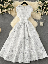 Court Style Elegant Long Dresses for Women Jacquard O-neck Short Sleeve A-line High Waist Vestidos Mujer Frenchic Dress Dropship