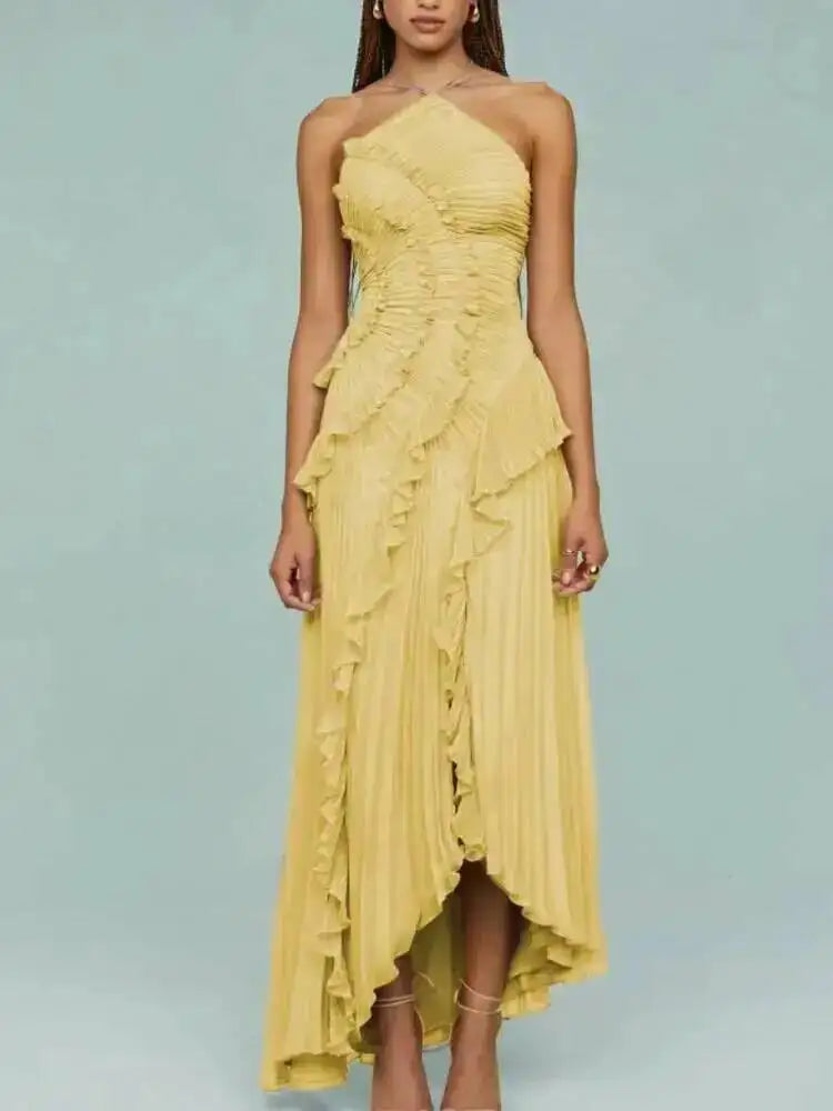 GVUW Fashion Folds Irregular Dress Women's Halterneck Sleeveless Tierred Casual Dresses 2025 Summer New Tide 3QW1045