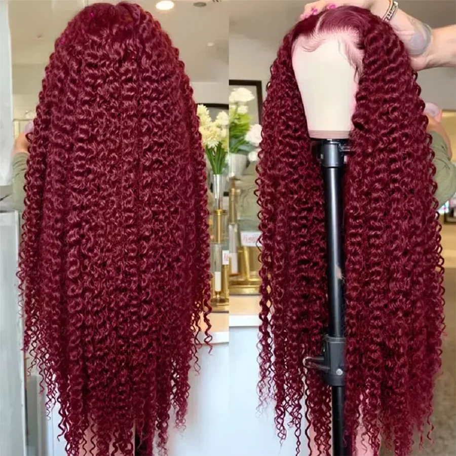 Dixtefo Burgundy Deep Wave Wigs Lace 200 Density 36 Inches Lace Frontal Human Hair for Women